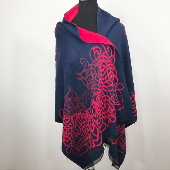 Navy Blue Red Reversible Thick Scroll Print Pashima Wrap Scarf - Picture 5 of 13